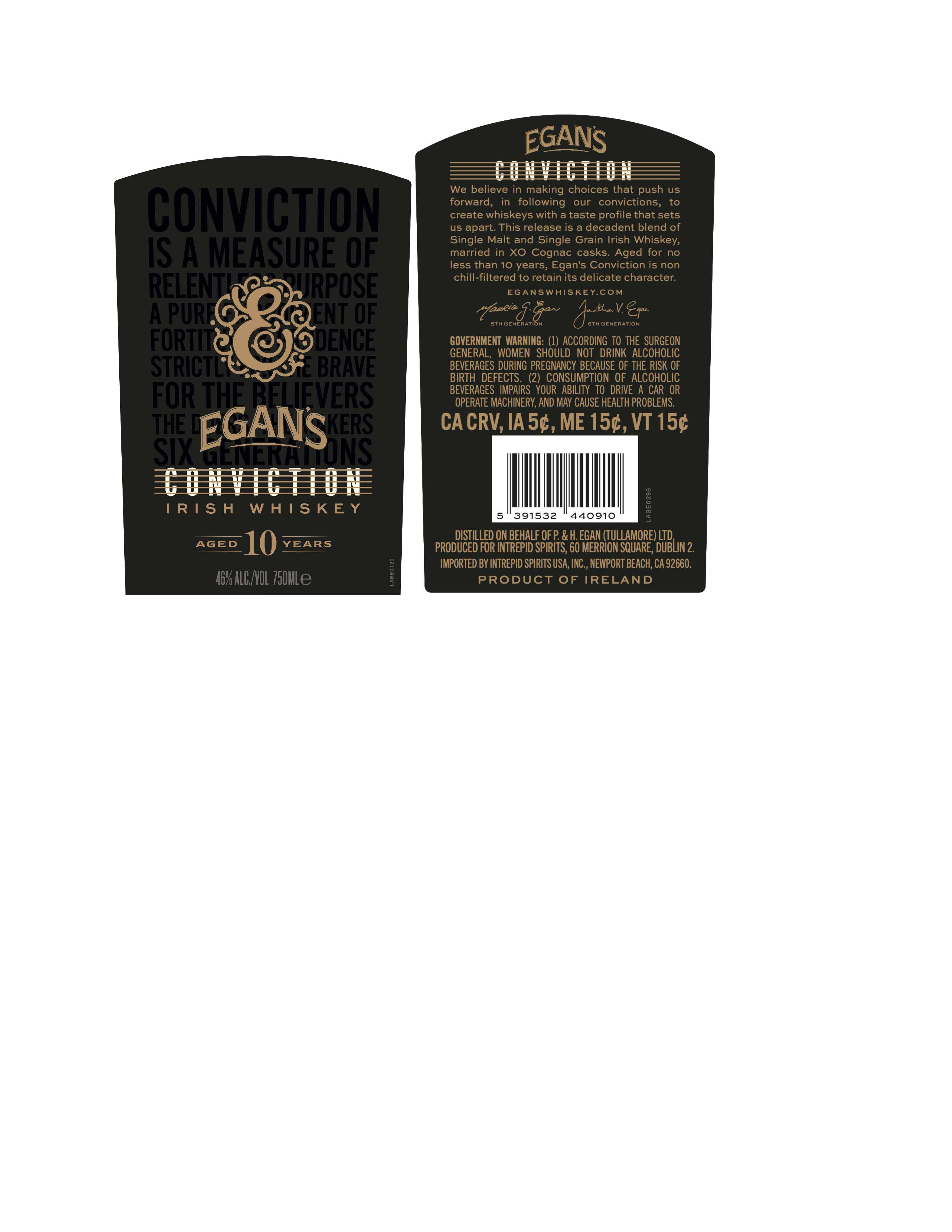 TABC label artwork for Egan's Conviction 10Yr Irish Whiskey