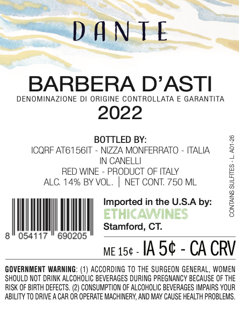 TABC label artwork for DANTE BARBERA D'ASTI DOCG