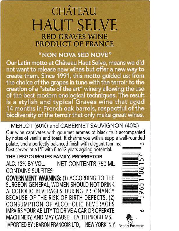 TABC label artwork for CHATEAU HAUT SELVE RED