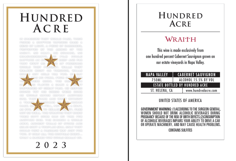 TABC label artwork for HUNDRED ACRE CABERNET SAUVIGNON NAPA VALLEY WRAITH