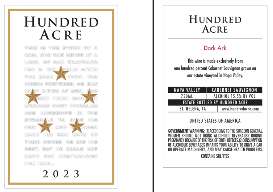 TABC label artwork for HUNDRED ACRE CABERNET SAUVIGNON NAPA VALLEY DARK ARK