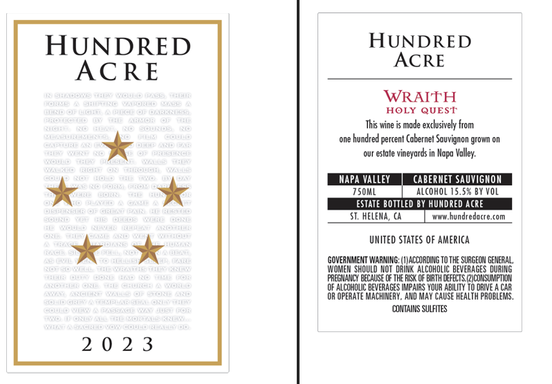 TABC label artwork for HUNDRED ACRE CABERNET SAUVIGNON NAPA VALLEY HOLY QUEST