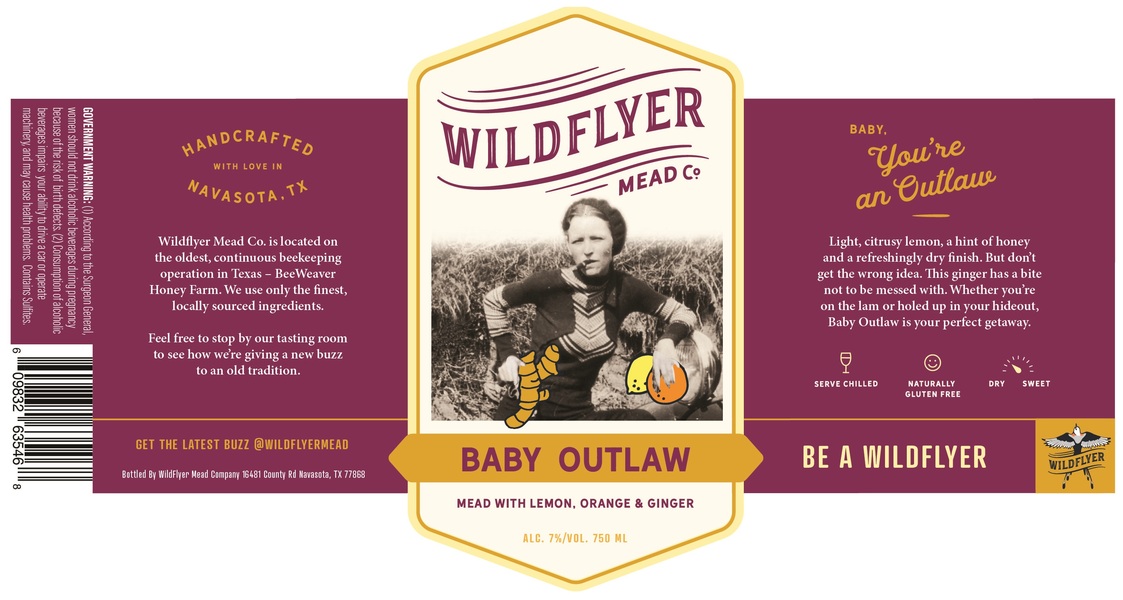 TABC label artwork for Wildflyer Mead Company Baby Outlaw
