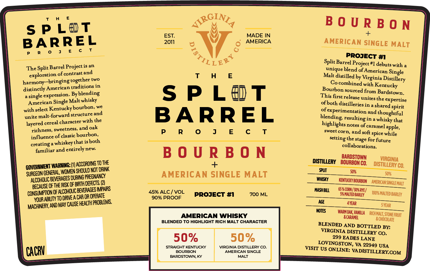TABC label artwork for Virginia Distillery Co. The Split Barrel Project Bourbon + American Single Malt