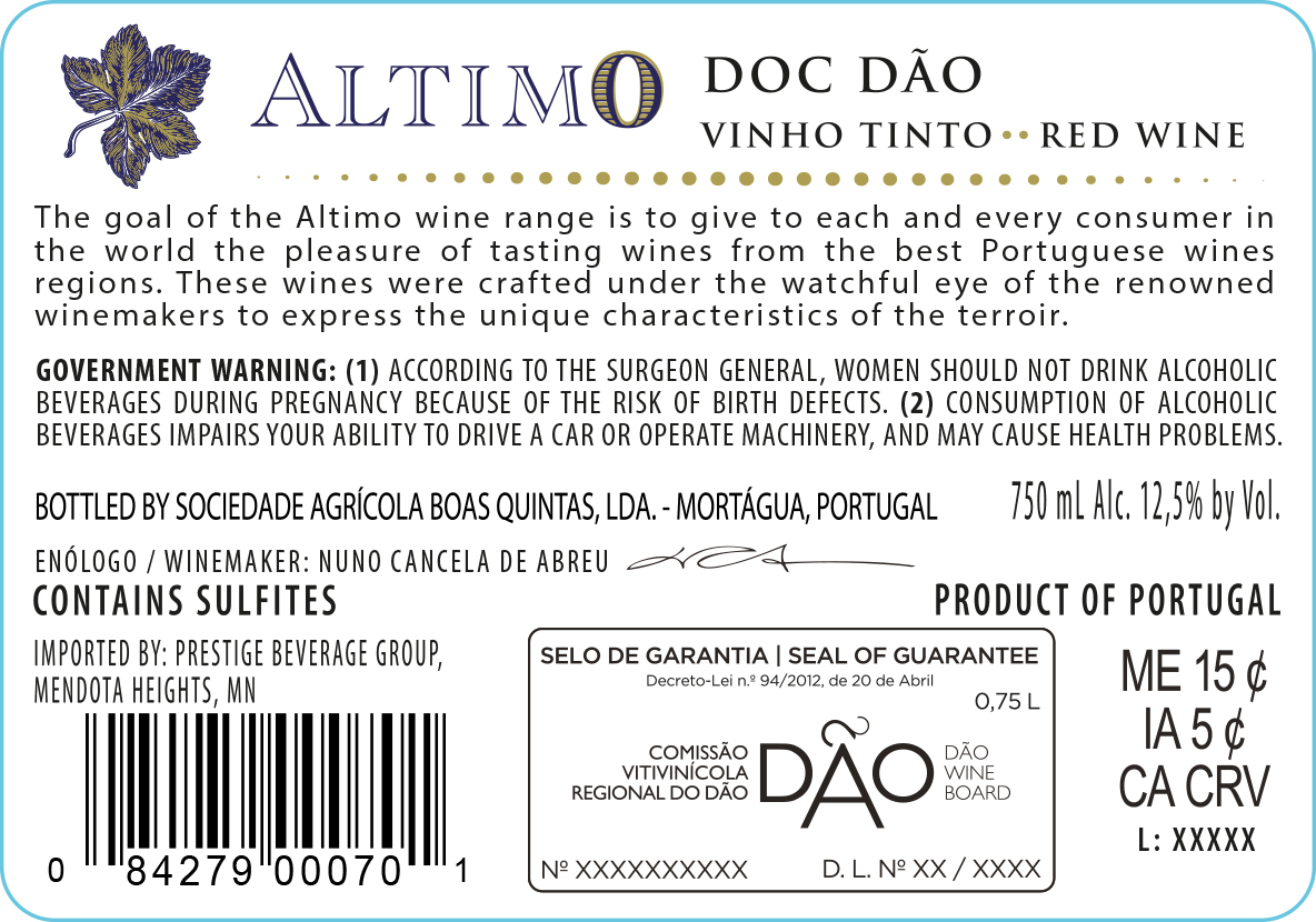TABC label artwork for Altimo Doc Dao Red Wine
