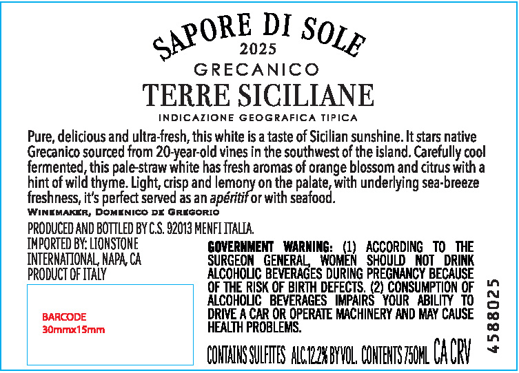 TABC label artwork for Sapore di Sole Terre Siciliane Grecanico, Italy