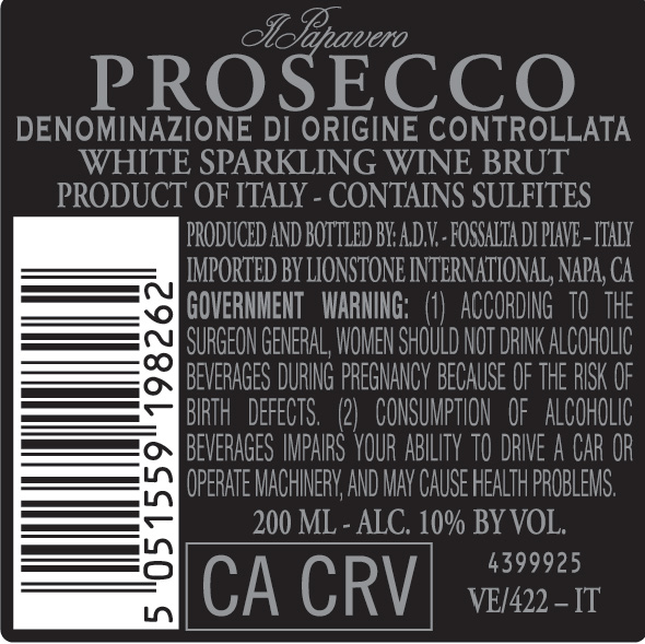 TABC label artwork for Il Papavero Prosecco White Sparkling Wine Brut, Italy