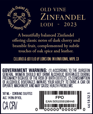 TABC label artwork for Black Saint Peter Zinfandel, Old Vine, Lodi, California