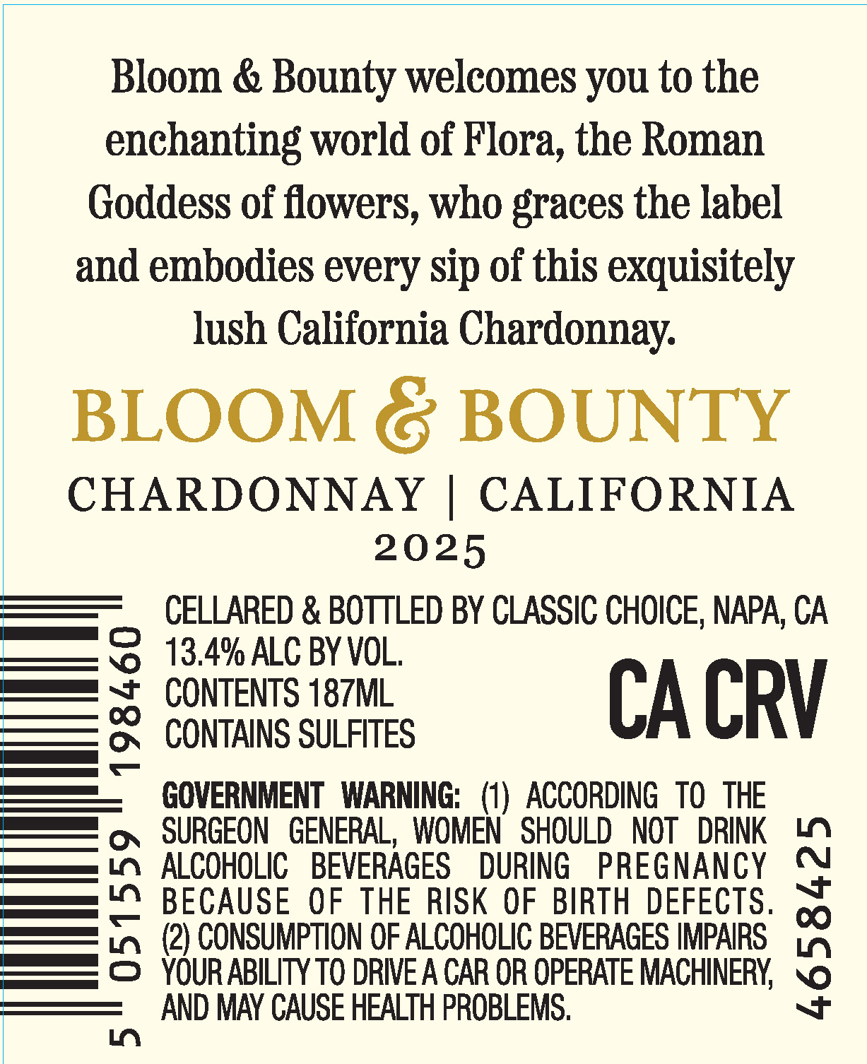 TABC label artwork for Bloom & Bounty Chardonnay, California