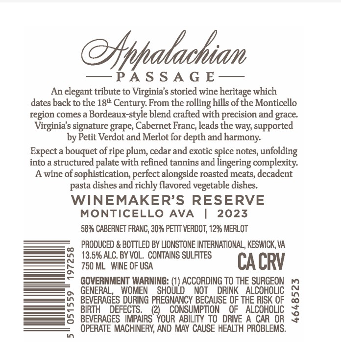 TABC label artwork for Appalachian Passage Winemakers Reserve Cabernet Franc, Petit Verdot, Merlot Monticello, VA