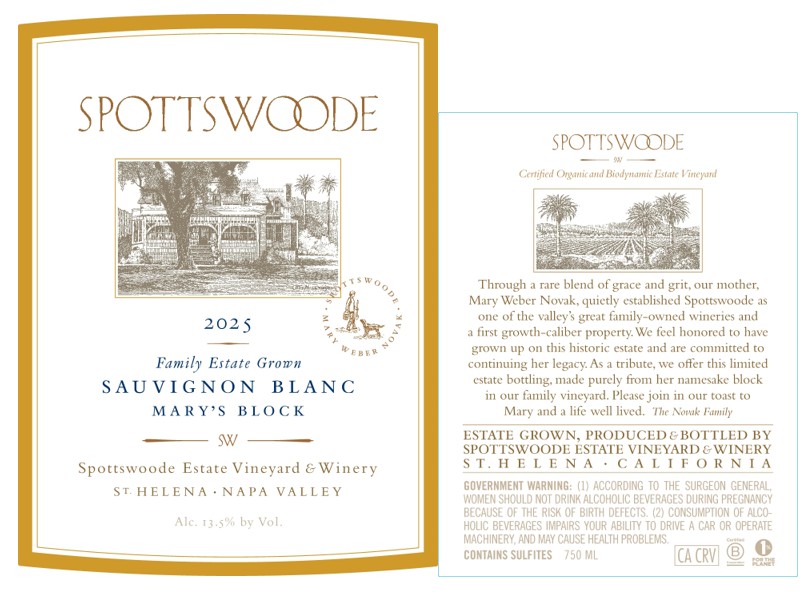 TABC label artwork for Spottswoode Mary's Block Sauvignon Blanc St. Helena