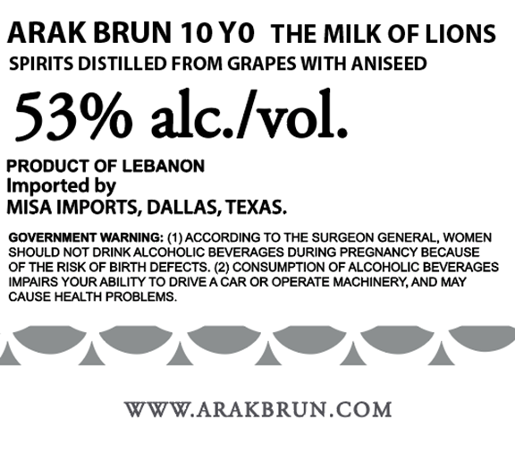 TABC label artwork for ARAK BRUN 10 YO THE MILK OF LIONS