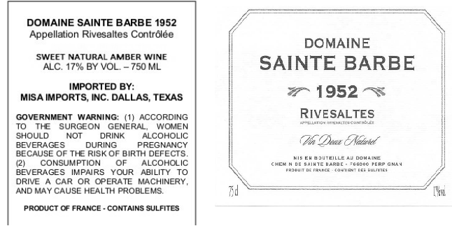 TABC label artwork for DOMAINE SAINTE BARBE RIVESALTES