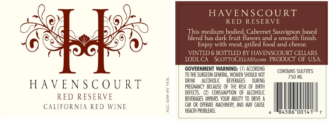 TABC label artwork for HAVENSCOURT RED RESERVE