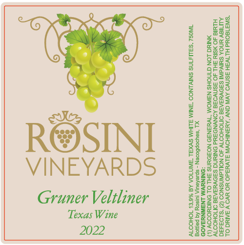 TABC label artwork for ROSINI VINEYARDS GRUNER VELTLINER