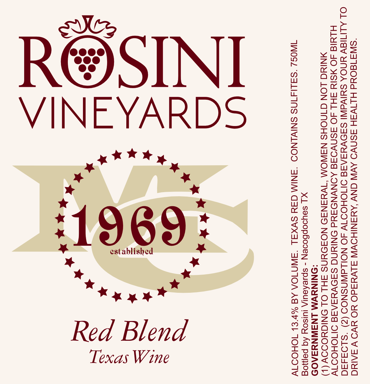 TABC label artwork for ROSINI VINEYARDS RED BLEND
