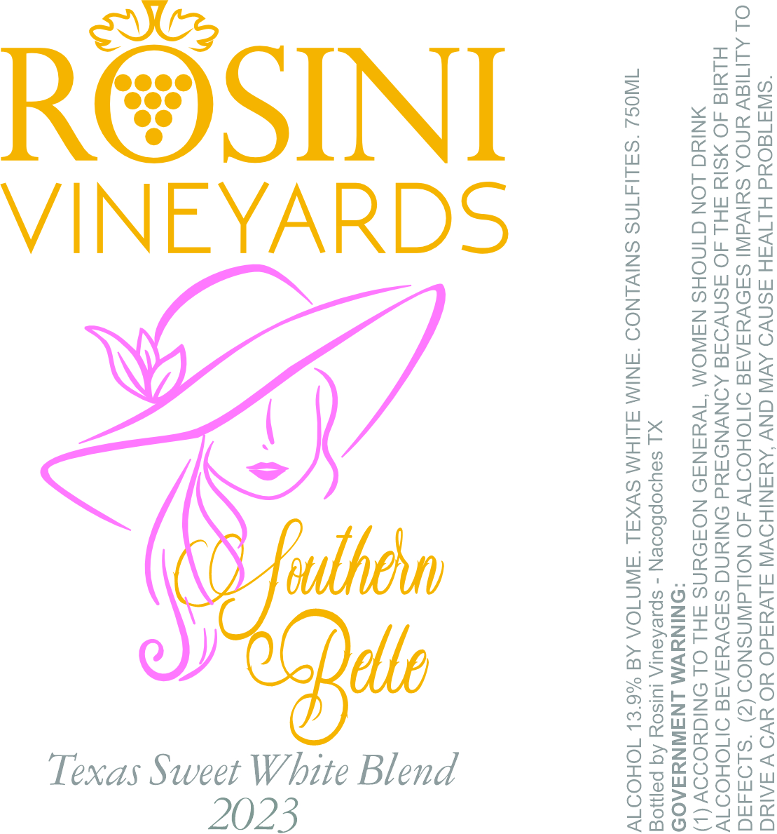 TABC label artwork for ROSINI VINEYARDS SOUTHERN BELLE WHITE BLEND