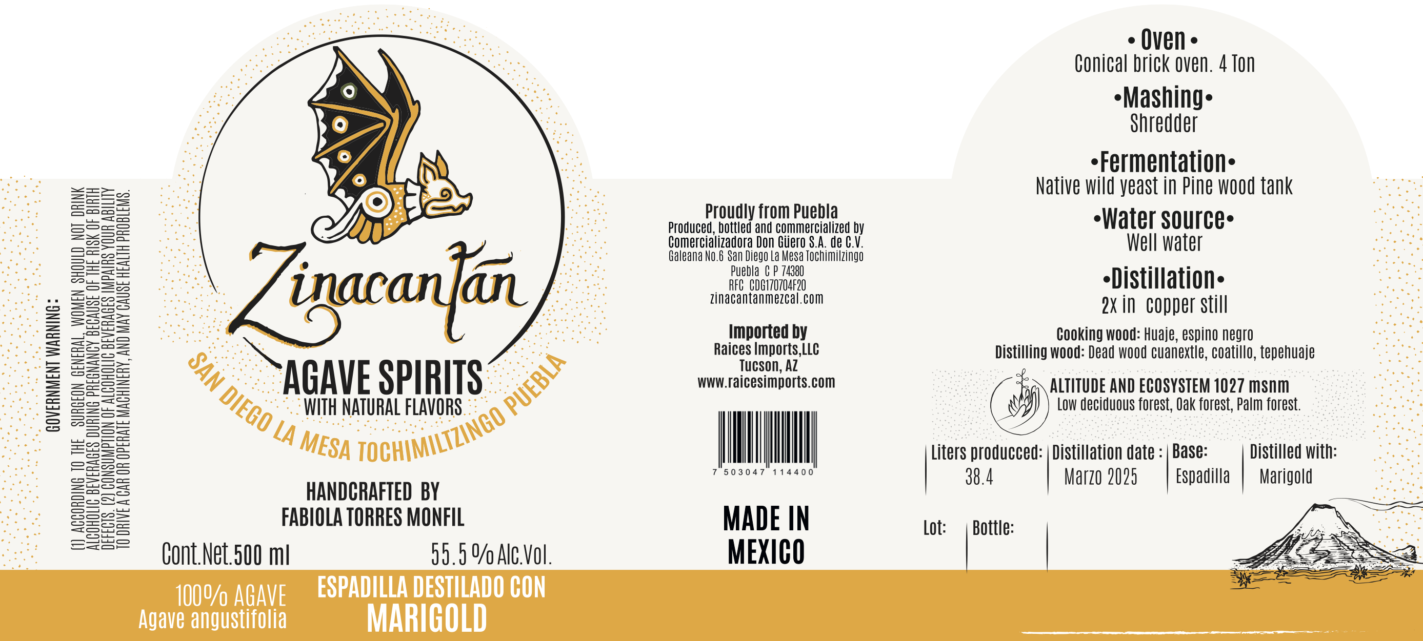 TABC label artwork for Zinacantan Espadilla Distilled with Marigold