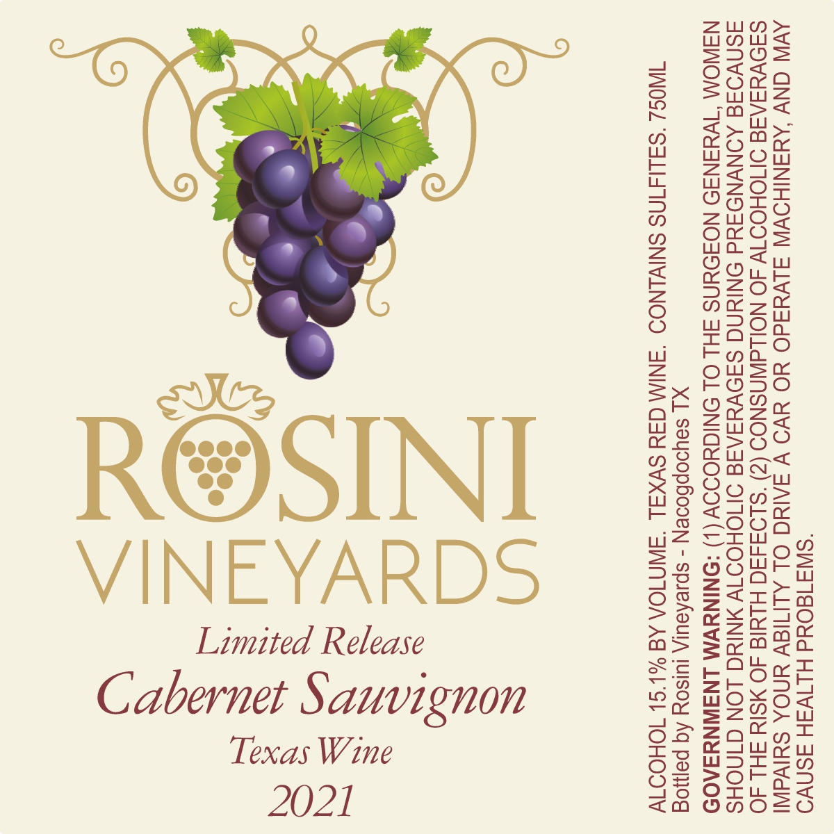 TABC label artwork for ROSINI VINEYARDS CABERNET SAUVIGNON
