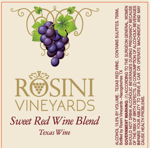 TABC label artwork for ROSINI VINEYARDS SWEET RED BLEND