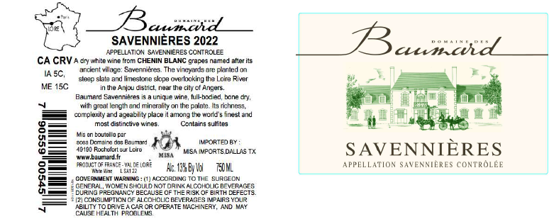 TABC label artwork for DOMAINE DES BAUMARD SAVENNIERES