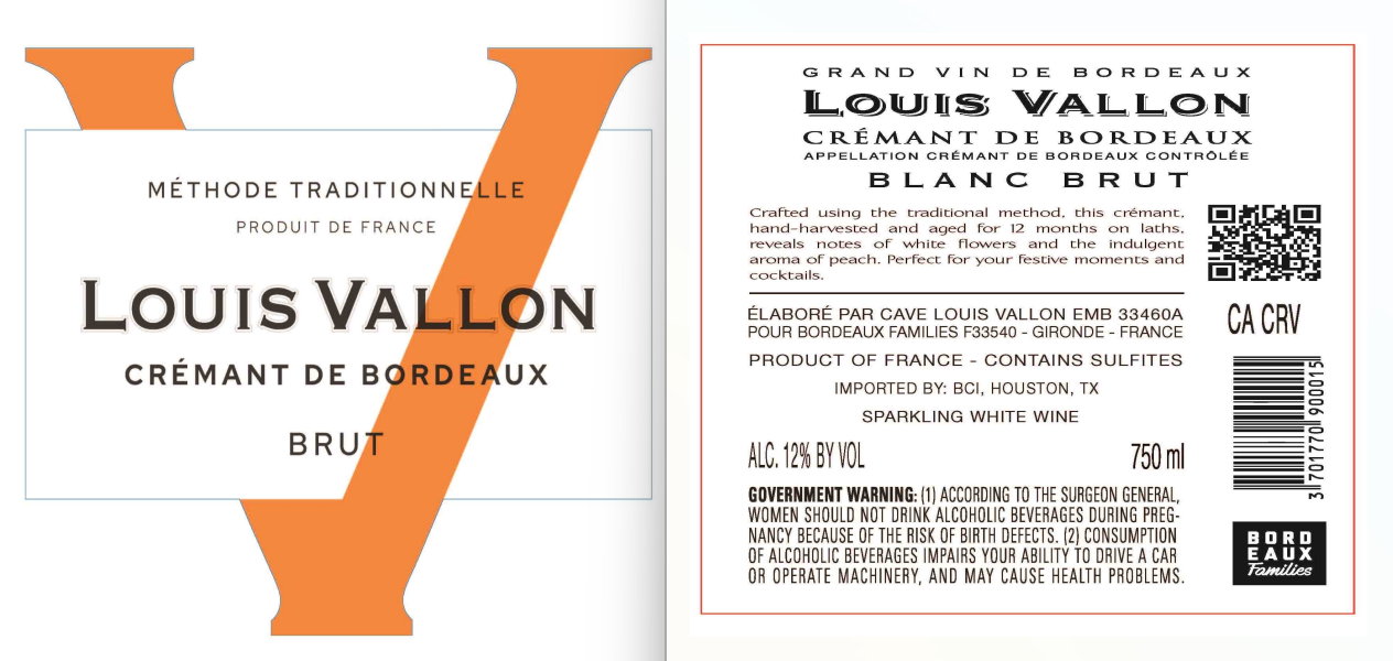 TABC label artwork for Louis Vallon Cremant de Bordeaux Blanc Brut
