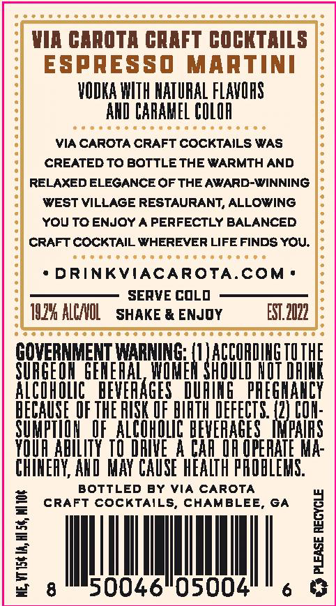 TABC label artwork for Via Carota Craft Cocktails Espresso Martini