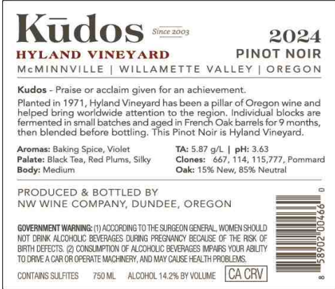 TABC label artwork for Kudos Pinot Noir Hyland Vineyard Mcminnville