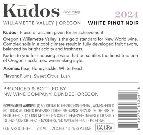 TABC label artwork for Kudos White Pinot Noir