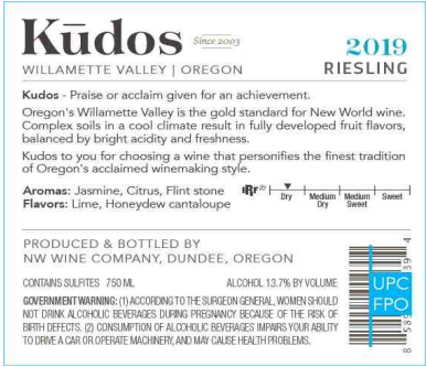 TABC label artwork for Kudos Riesling Willamette Valley