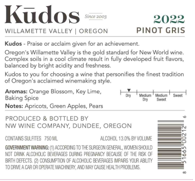 TABC label artwork for Kudos Pinot Gris Oregon