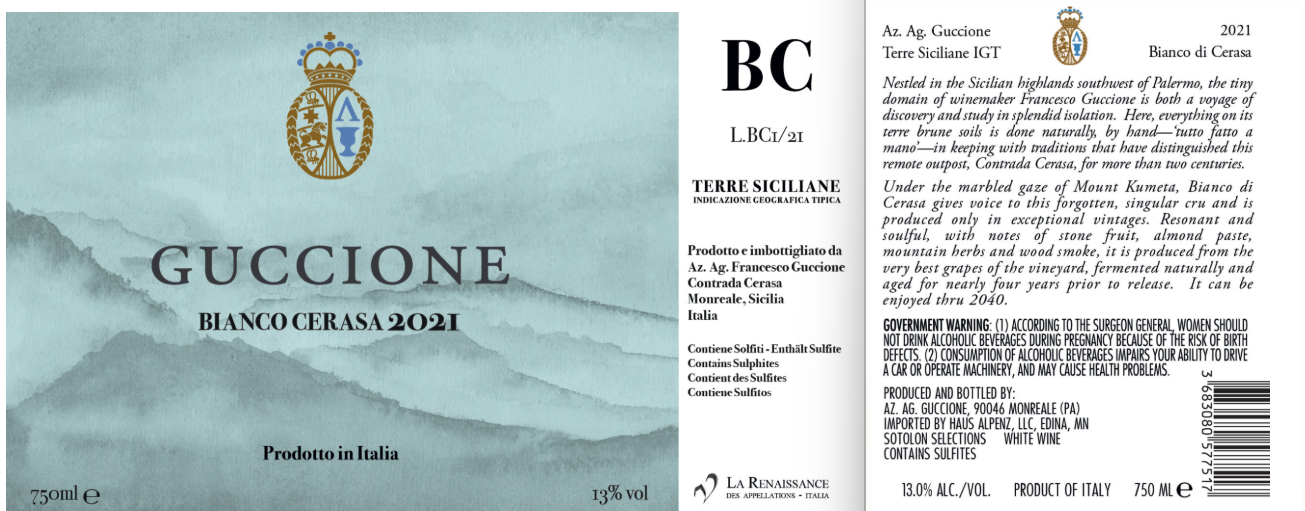 TABC label artwork for Guccione BC White Wine