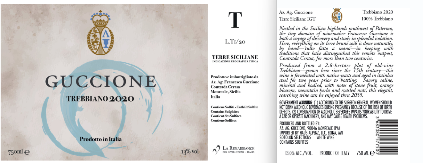 TABC label artwork for Guccione T White Wine