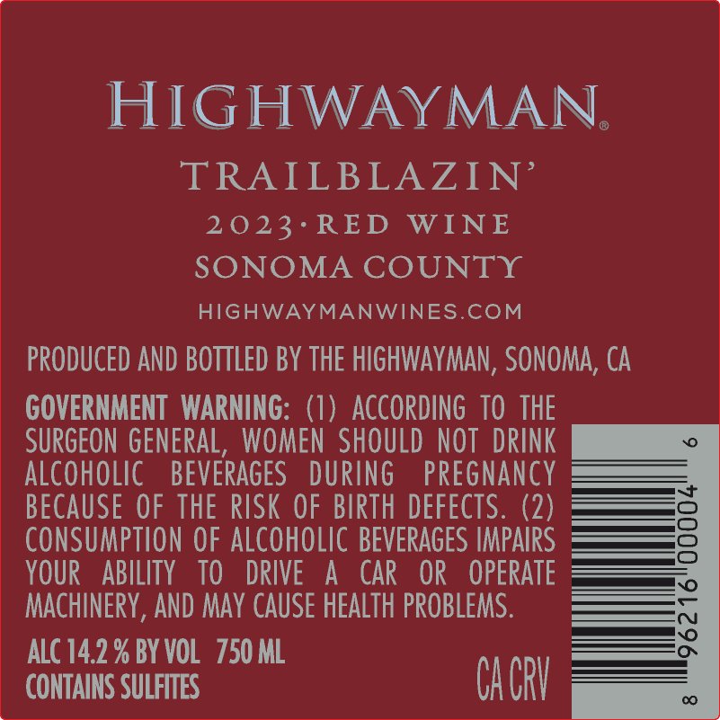 TABC label artwork for Highwayman Trailblazin' Red Wine CA-Sonoma