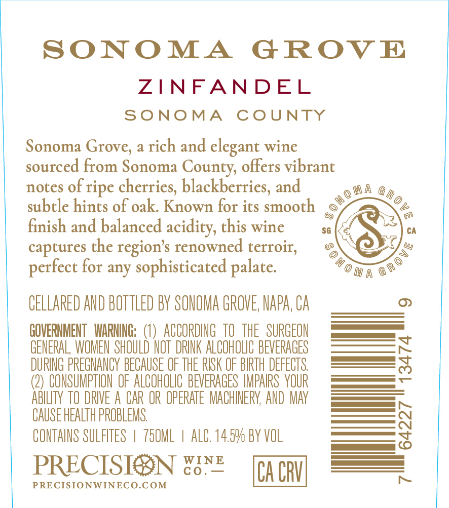 TABC label artwork for Sonoma Grove Zinfandel
