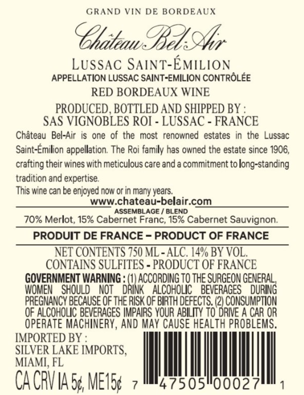 TABC label artwork for Chateau Bel-Air Lussac Saint-Emilion Red Bordeaux Wine