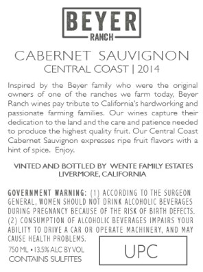 TABC label artwork for Beyer Ranch Cabernet Central Coast