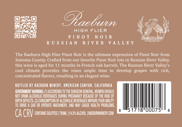 TABC label artwork for Raeburn High Flier Pinot Noir