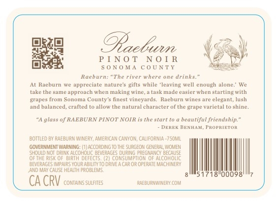 TABC label artwork for Raeburn Sonoma County Pinot Noir