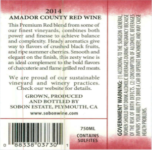 TABC label artwork for Sobon Estate Red Amador County