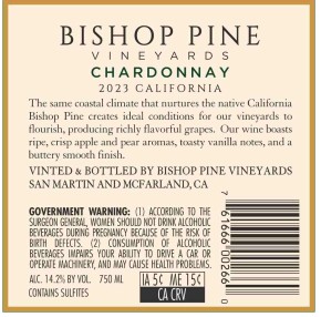 TABC label artwork for Bishop Pine Chardonnay California