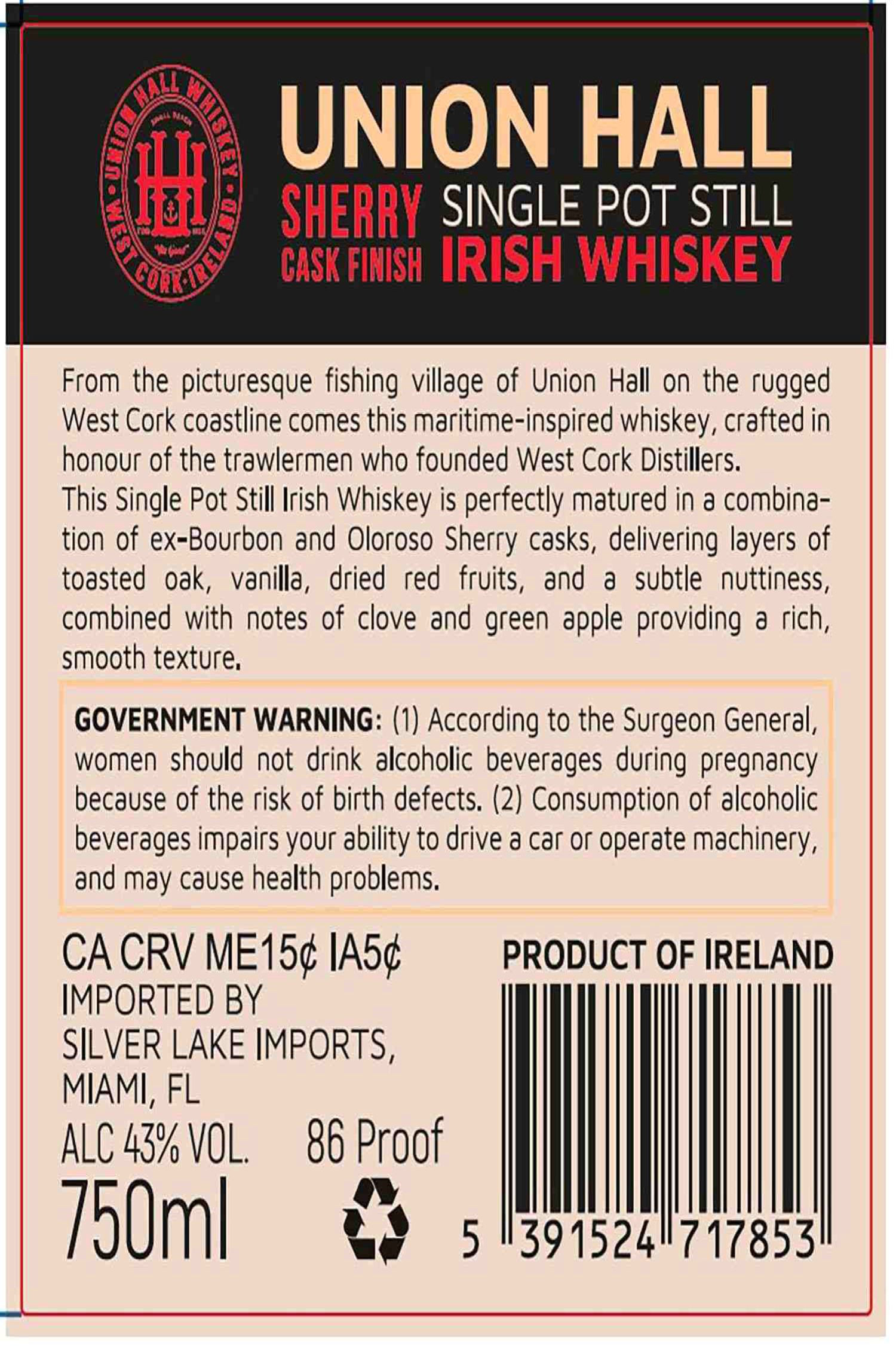 TABC label artwork for Union Hall 7Yr Sherry Irish Whiskey