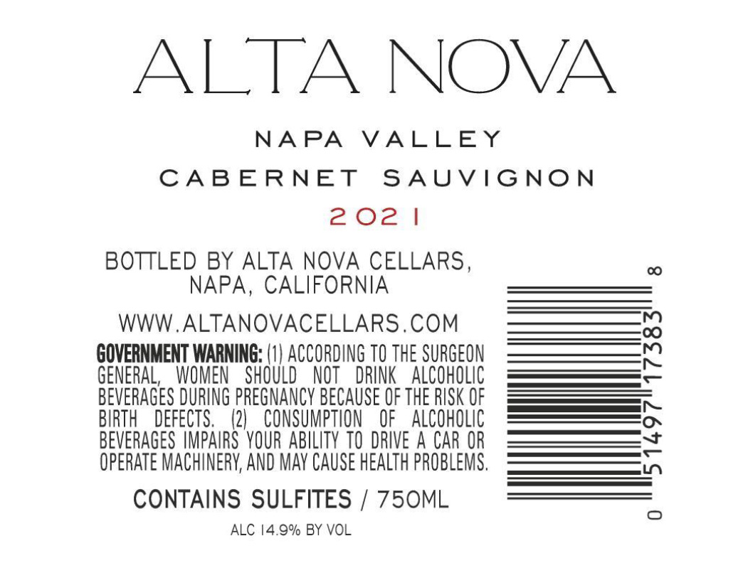 TABC label artwork for Alta Nova Cabernet Napa