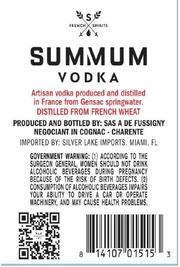 TABC label artwork for Summum Vodka