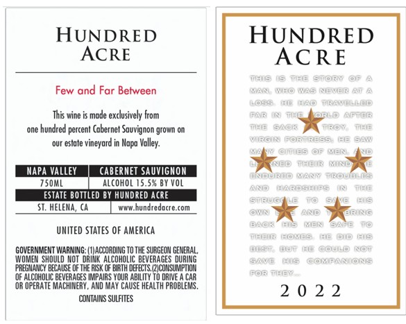 TABC label artwork for HUNDRED ACRE   CABERNET SAUVIGNON NAPA VALLEY FEW & FAR BETWEEN