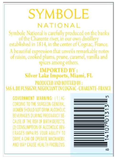TABC label artwork for Symbole National Brandy XO