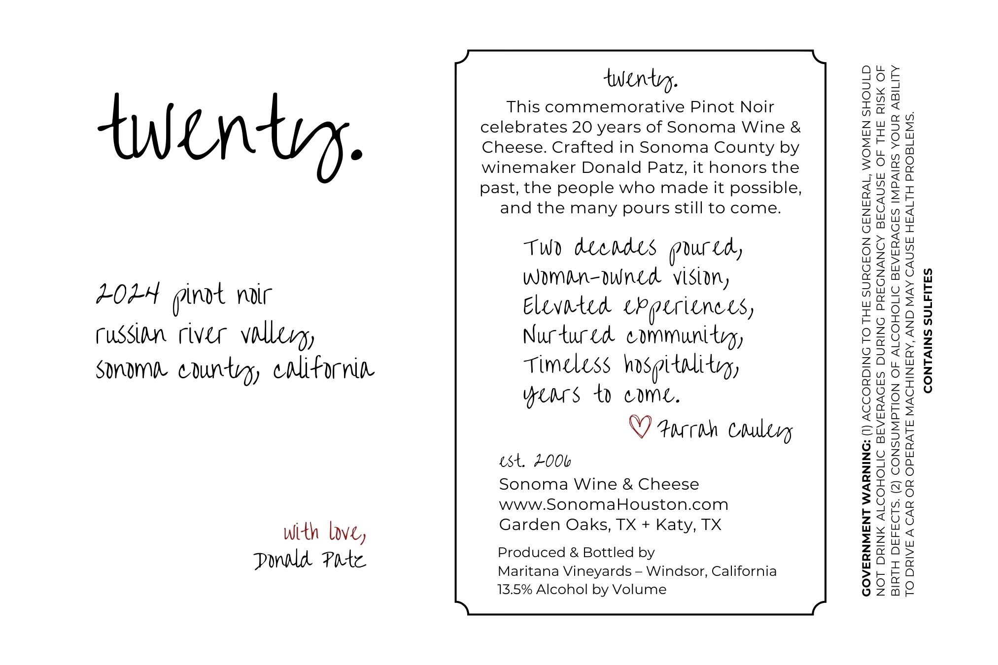 TABC label artwork for MARITANA VINEYARDS TWENTY PINOT NOIR