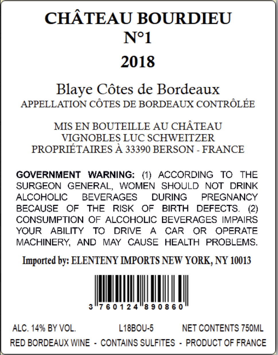 TABC label artwork for CHÂTEAU BOURDIEU N°1 BLAYE CÔTES DE BORDEAUX