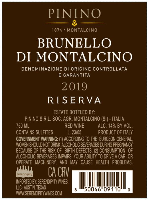 TABC label artwork for PININO RISERVA BRUNELLO DI MONTALCINO RED WINE