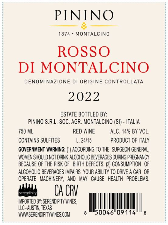TABC label artwork for PININO ROSSO DI MONTALCINO RED WINE